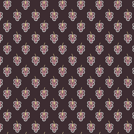 A repeating pattern of stylized pink and purple flowers with white outlines on a dark brown background.