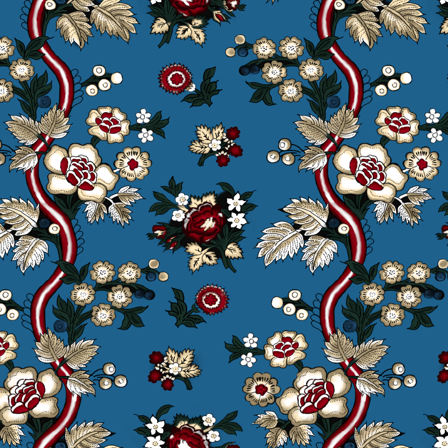 A repeating floral pattern on a medium blue background, featuring cream and red flowers, dark green leaves, and red-and-white striped winding vines.