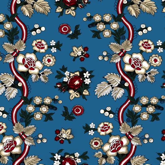 A repeating floral pattern on a medium blue background, featuring cream and red flowers, dark green leaves, and red-and-white striped winding vines.