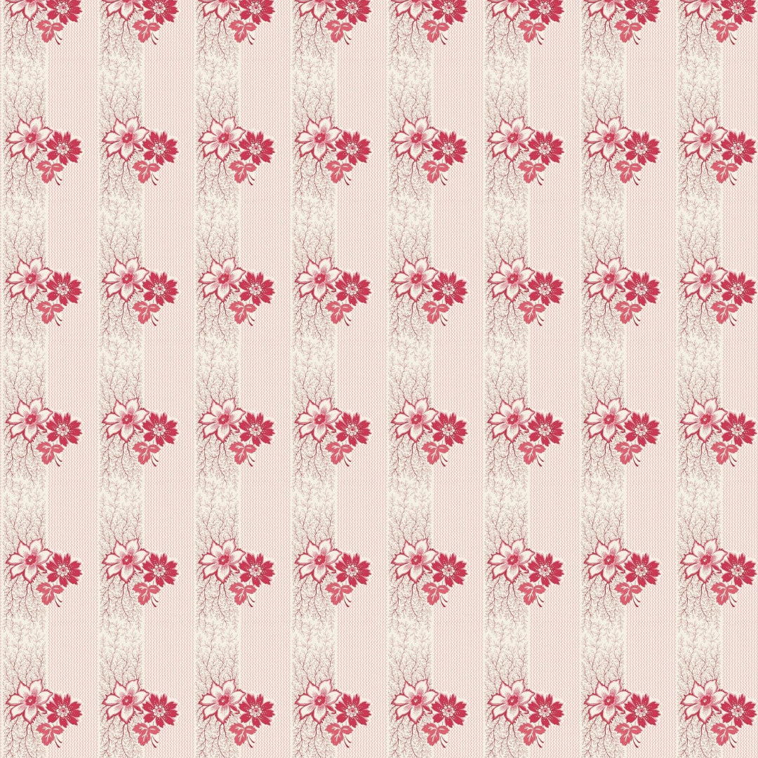 A repeating floral pattern featuring clusters of pink and red flowers with green leaves on vertical beige and pale pink striped panels.