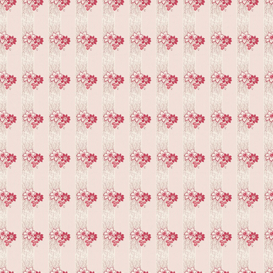 A repeating floral pattern featuring pink and red flowers with green leaves on vertical textured beige stripes over a pale pink background.