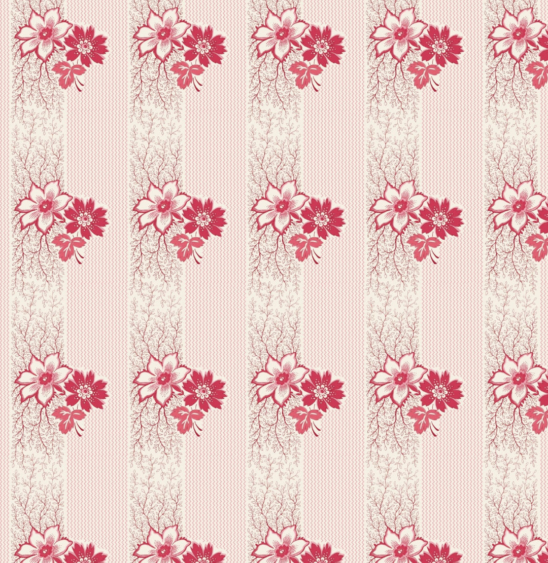 A repeating floral pattern with pink and red flowers on vertical cream and pale pink stripes, resembling a wallpaper or fabric print.