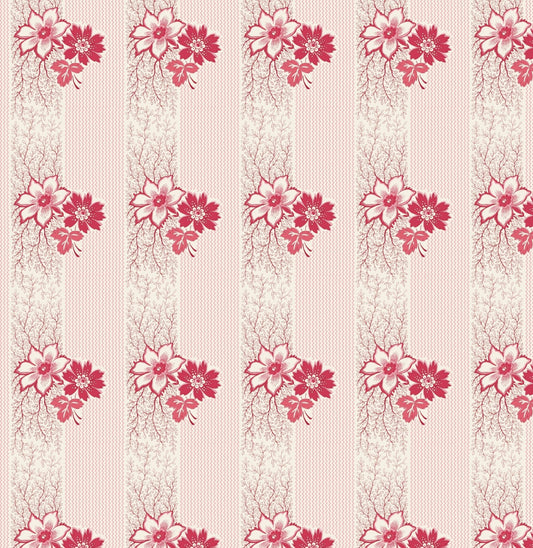 A repeating floral pattern with pink and red flowers on vertical cream and pale pink stripes, resembling a wallpaper or fabric print.