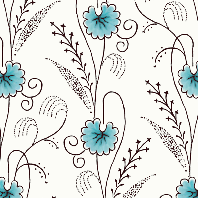 A patterned design likely representing the Emilie Flygare-Carlén's influence with teal-blue flowerheads and wine scrolling grasses on a white background.