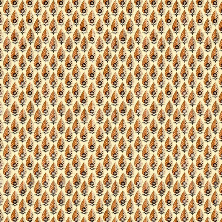 Pattern of small orange and black shapes on a beige background