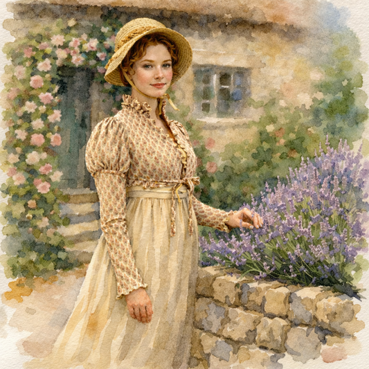 Woman in a vintage dress and hat standing in a garden with flowers and a stone wall.