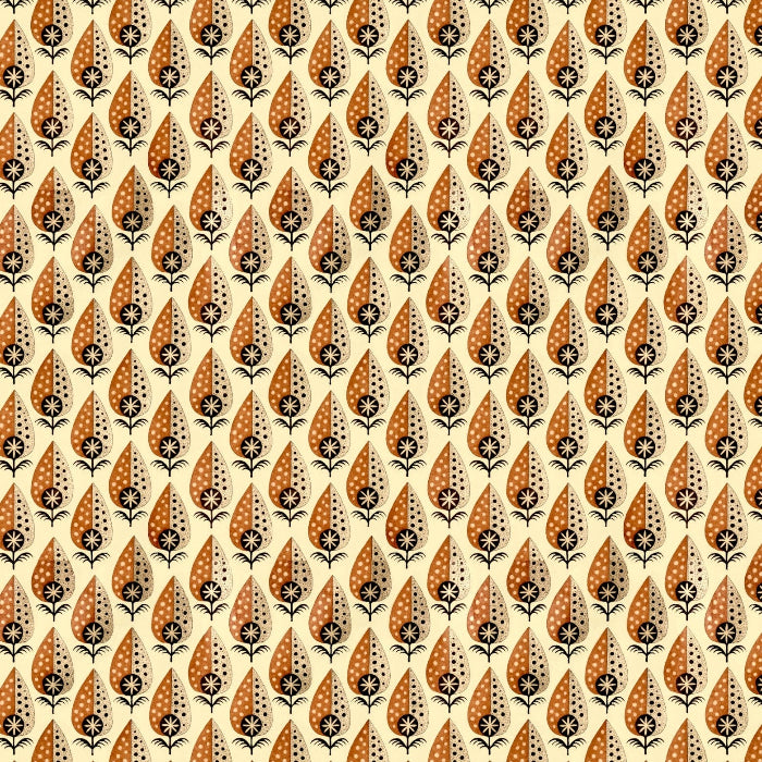 Pattern of orange and black leaf-like shapes on a beige background