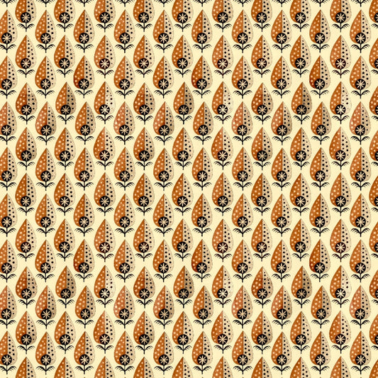 Pattern of orange and black leaf-like shapes on a beige background