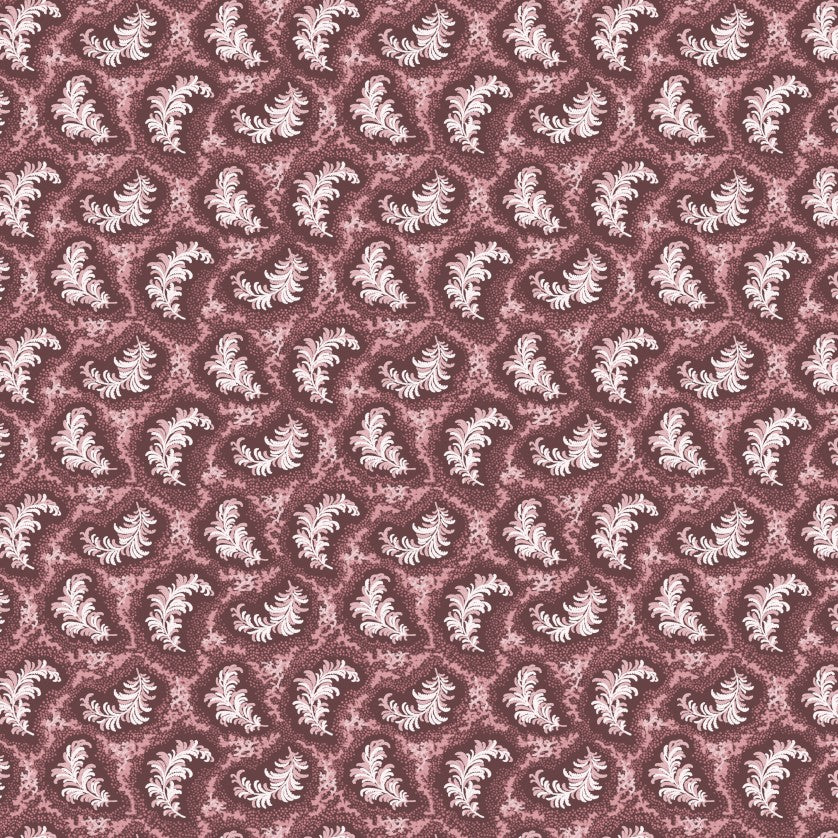 Patterned fabric with white floral design on a red-brown background