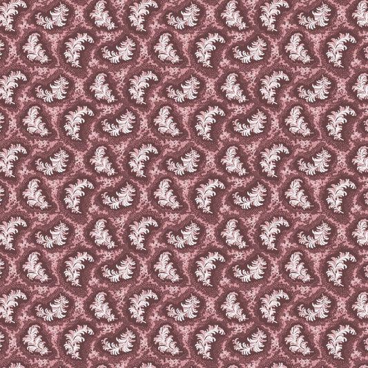 Patterned fabric with white floral design on a red-brown background