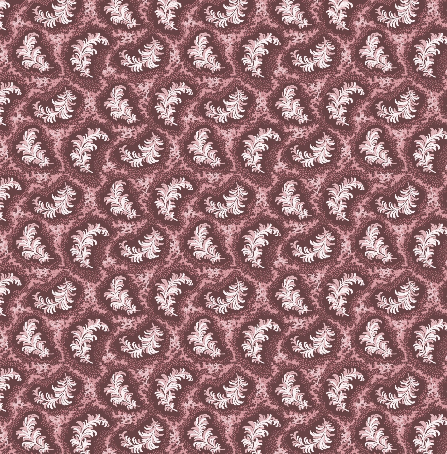 Patterned fabric with white floral shapes on a red-brown background