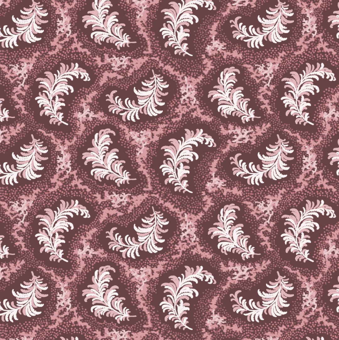Patterned fabric with white leaf-like shapes on a brown background
