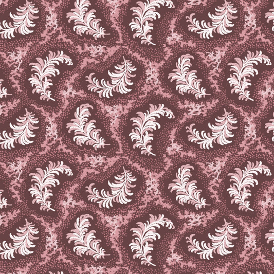 Patterned fabric with white leaf-like shapes on a brown background