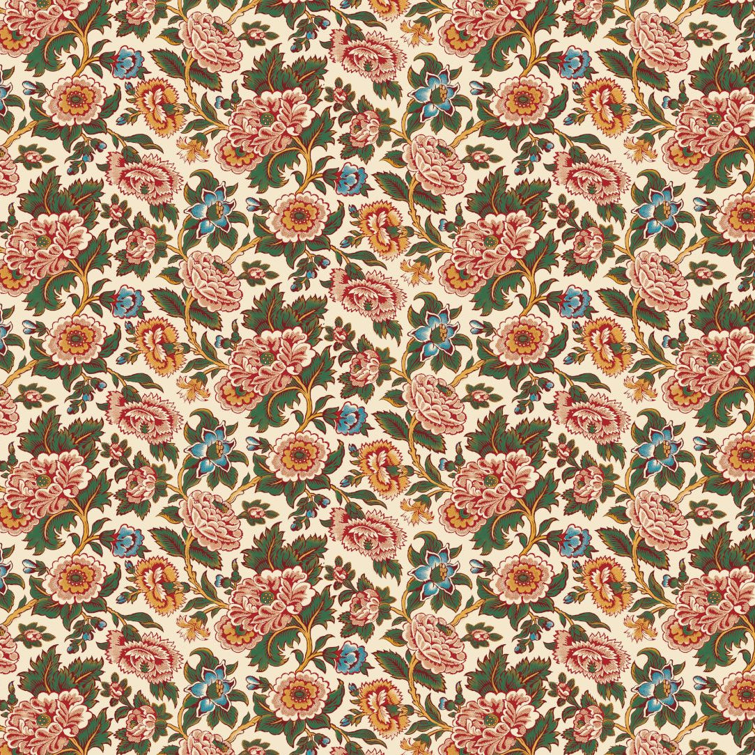 A repeating vintage floral pattern on a cream background, featuring pink and peach blossoms, green leaves, and small blue flowers with gold accents.