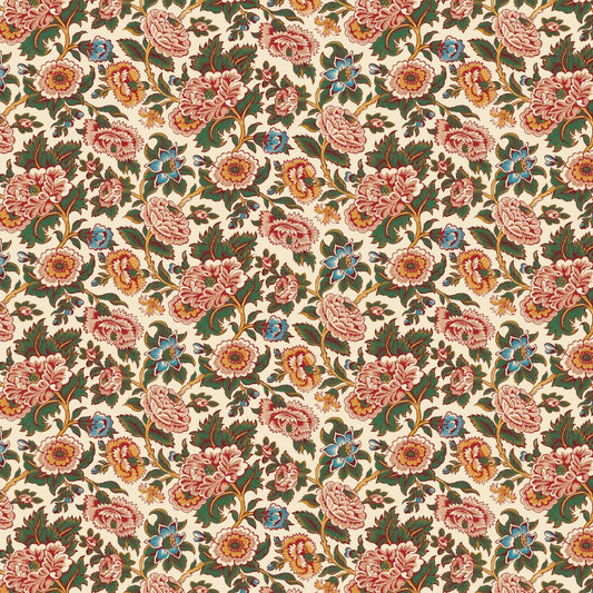A repeating vintage floral pattern on a cream background, featuring pink and peach blossoms, green leaves, and small blue flowers with gold accents.