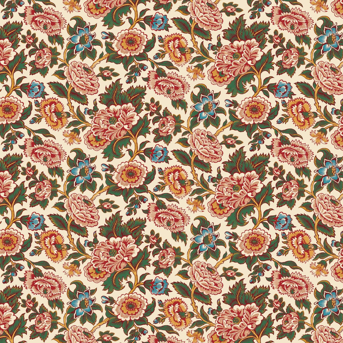 A repeating vintage floral pattern on a cream background, featuring pink and coral roses, green leaves, and small blue blossoms with gold outlines.
