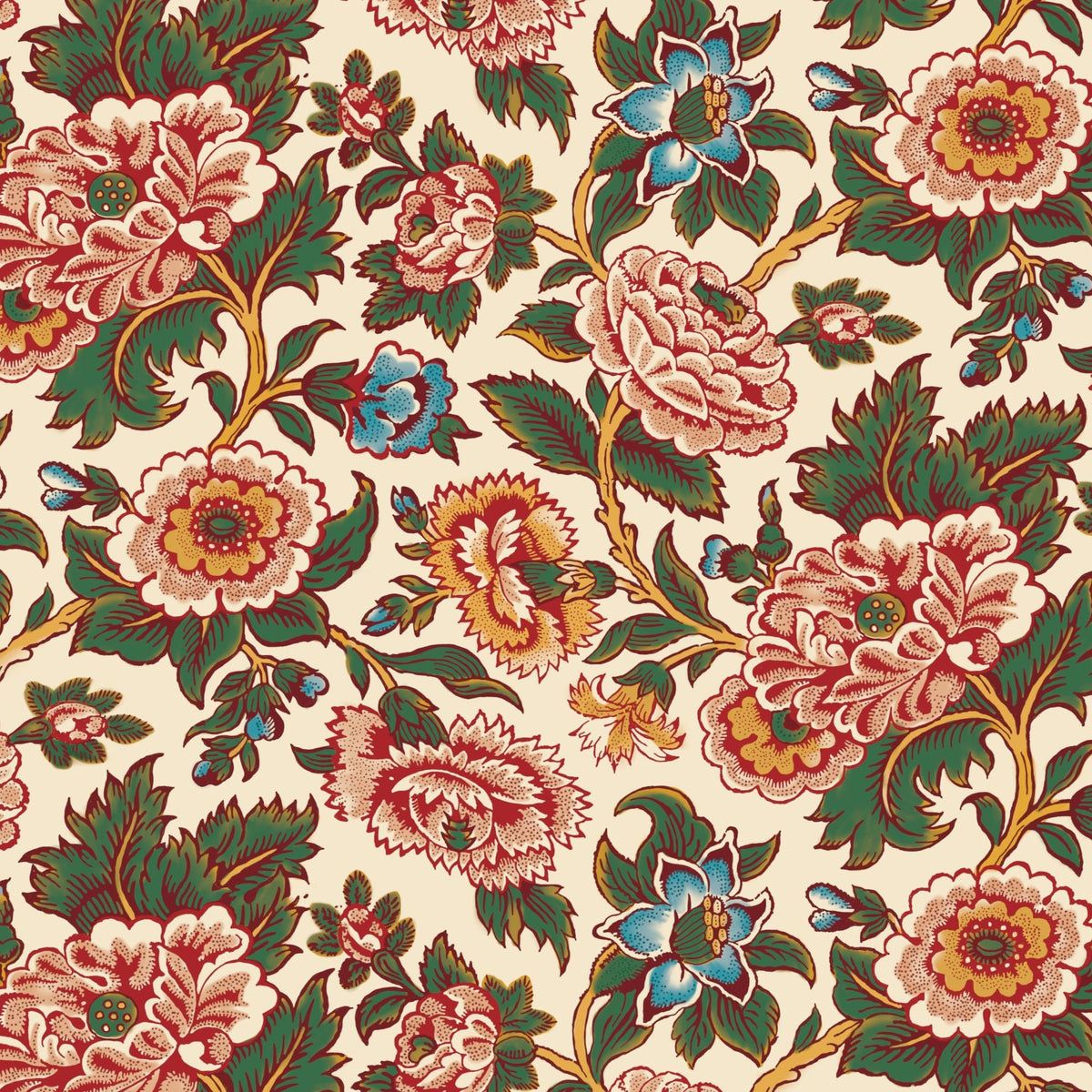 A repeating floral pattern featuring large pink and red blossoms, green leaves, and small blue flowers on a warm cream background.