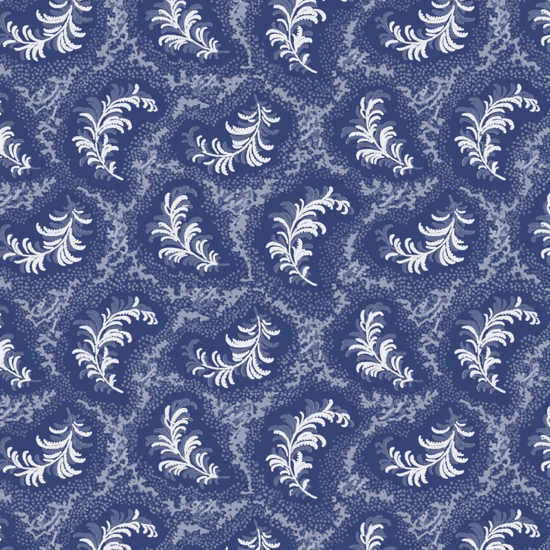 Pattern of white leaves on a blue background