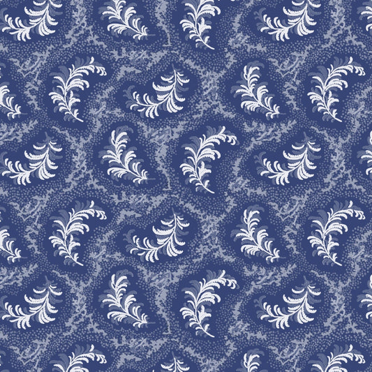 Pattern of white leaves on a blue background