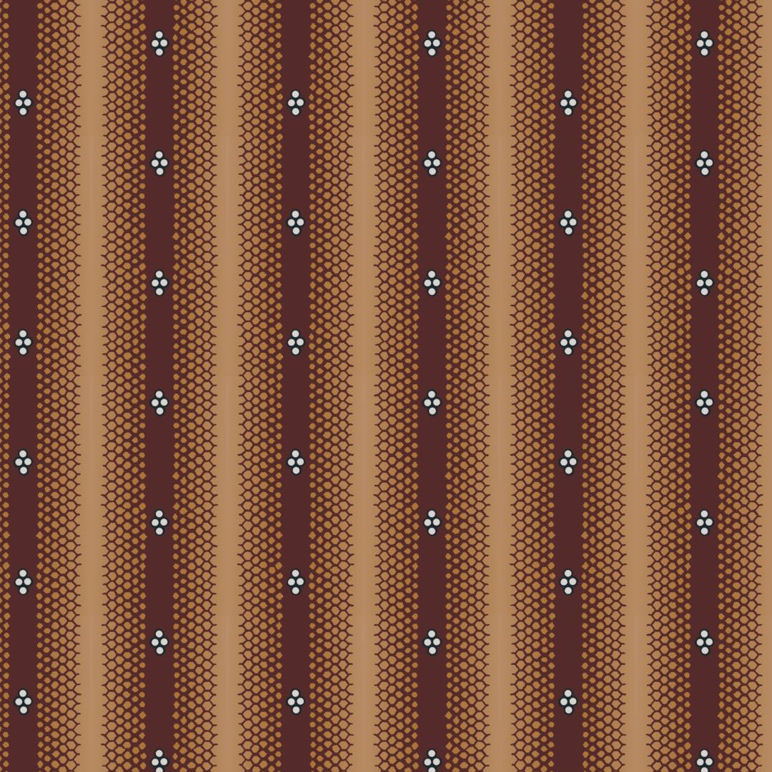 A repeating vertical stripe pattern with alternating warm brown and tan bands, each decorated with small white geometric motifs.