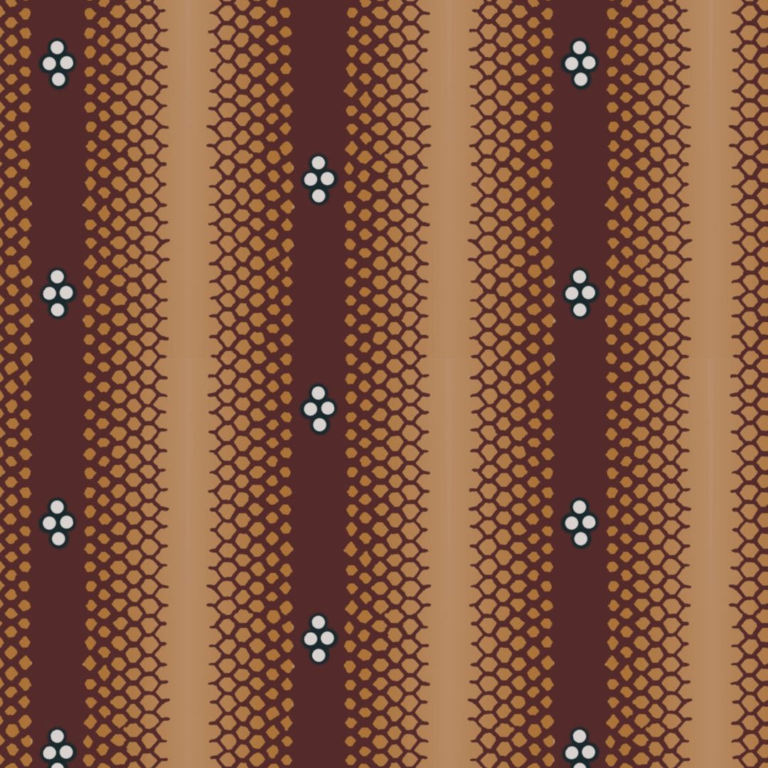 A repeating vertical pattern featuring dark brown and tan stripes with dense small geometric dots and a few small white floral-like accents.