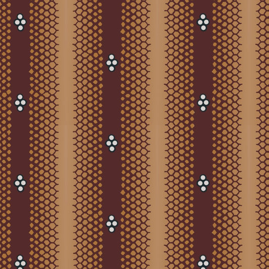 A repeating vertical pattern featuring dark brown and tan stripes with dense small geometric dots and a few small white floral-like accents.