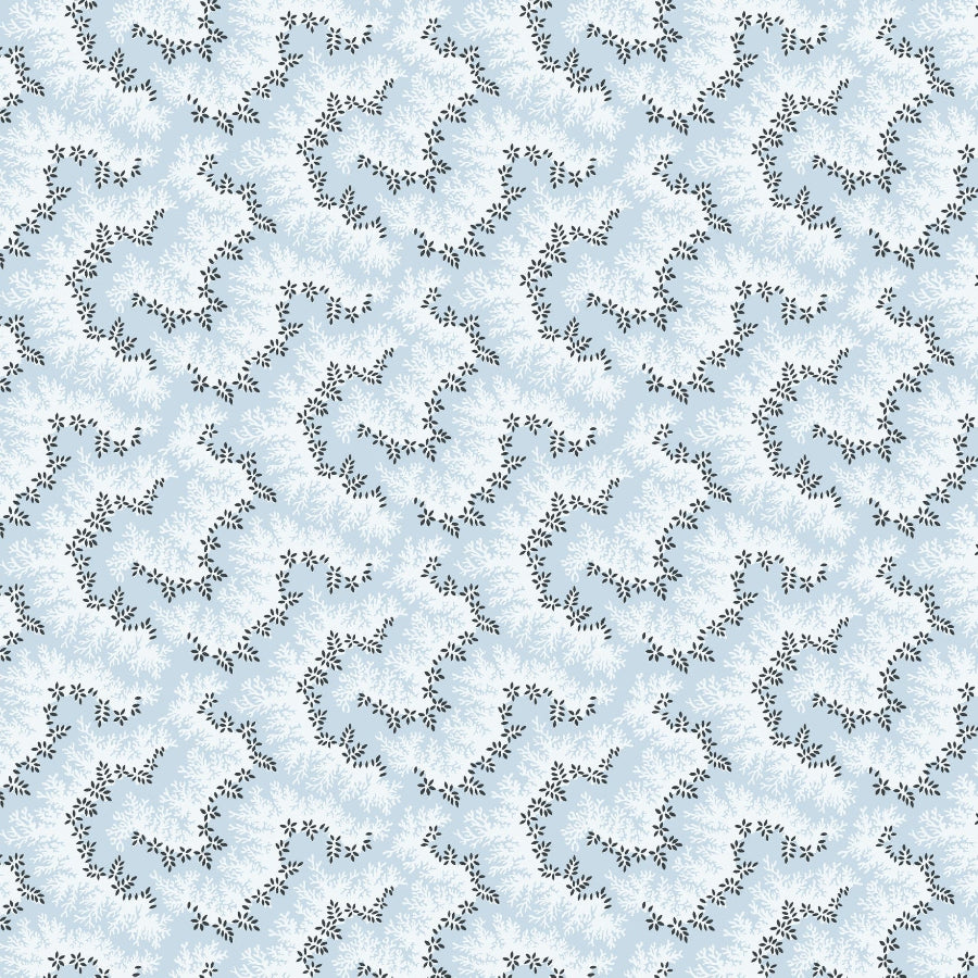 Repeating pattern of abstract shapes on a light blue background