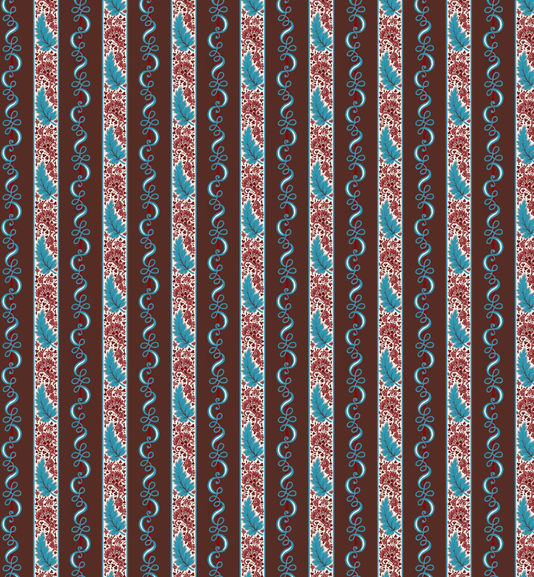 A repeating vertical stripe pattern featuring teal pine trees, red and white floral motifs, and blue scroll accents on dark brown and black stripes.