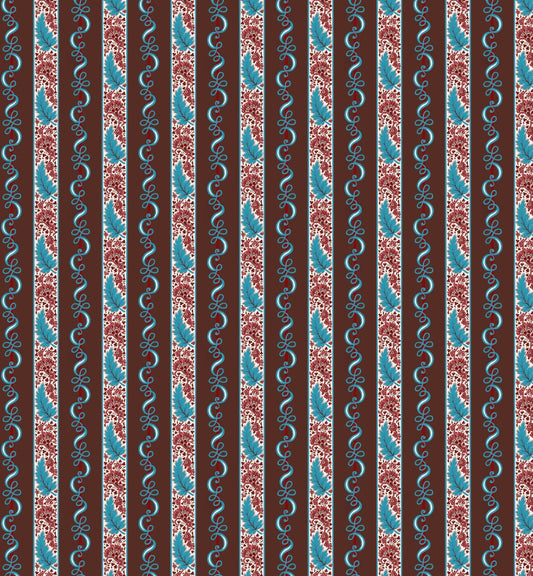 A repeating vertical stripe pattern featuring teal pine trees, red and white floral motifs, and blue scroll accents on dark brown and black stripes.