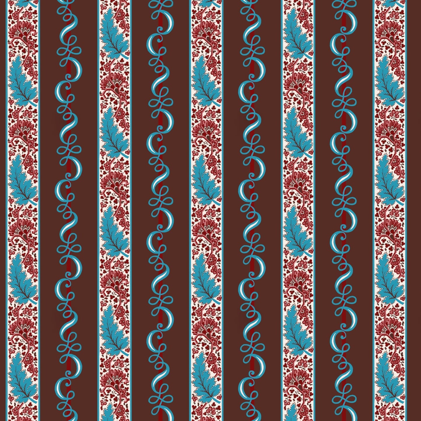 A repeating vertical stripe pattern featuring dark brown, red-and-white floral, and turquoise blue scroll and leaf motifs.