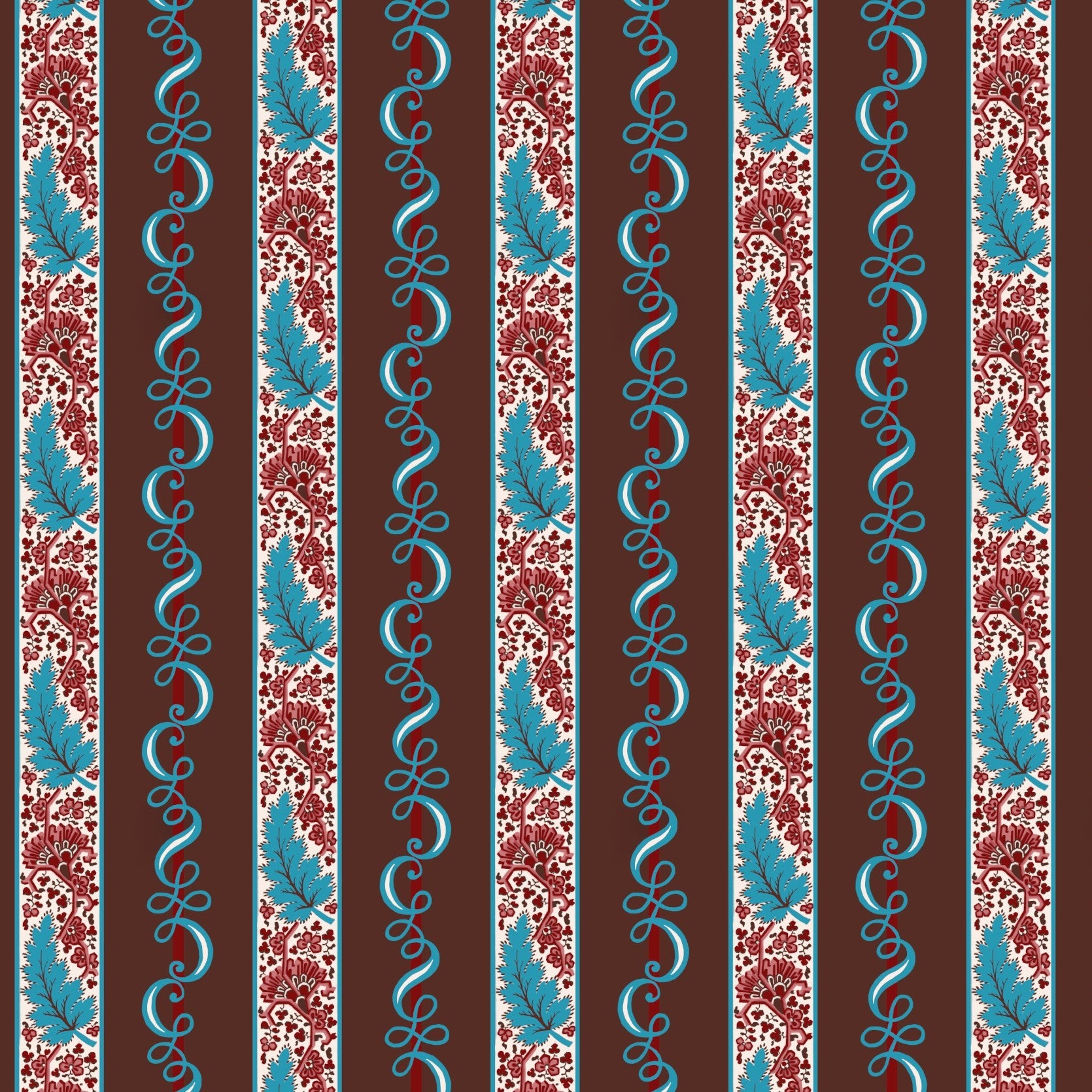A repeating vertical stripe pattern featuring dark brown, red-and-white floral, and turquoise blue scroll and leaf motifs.