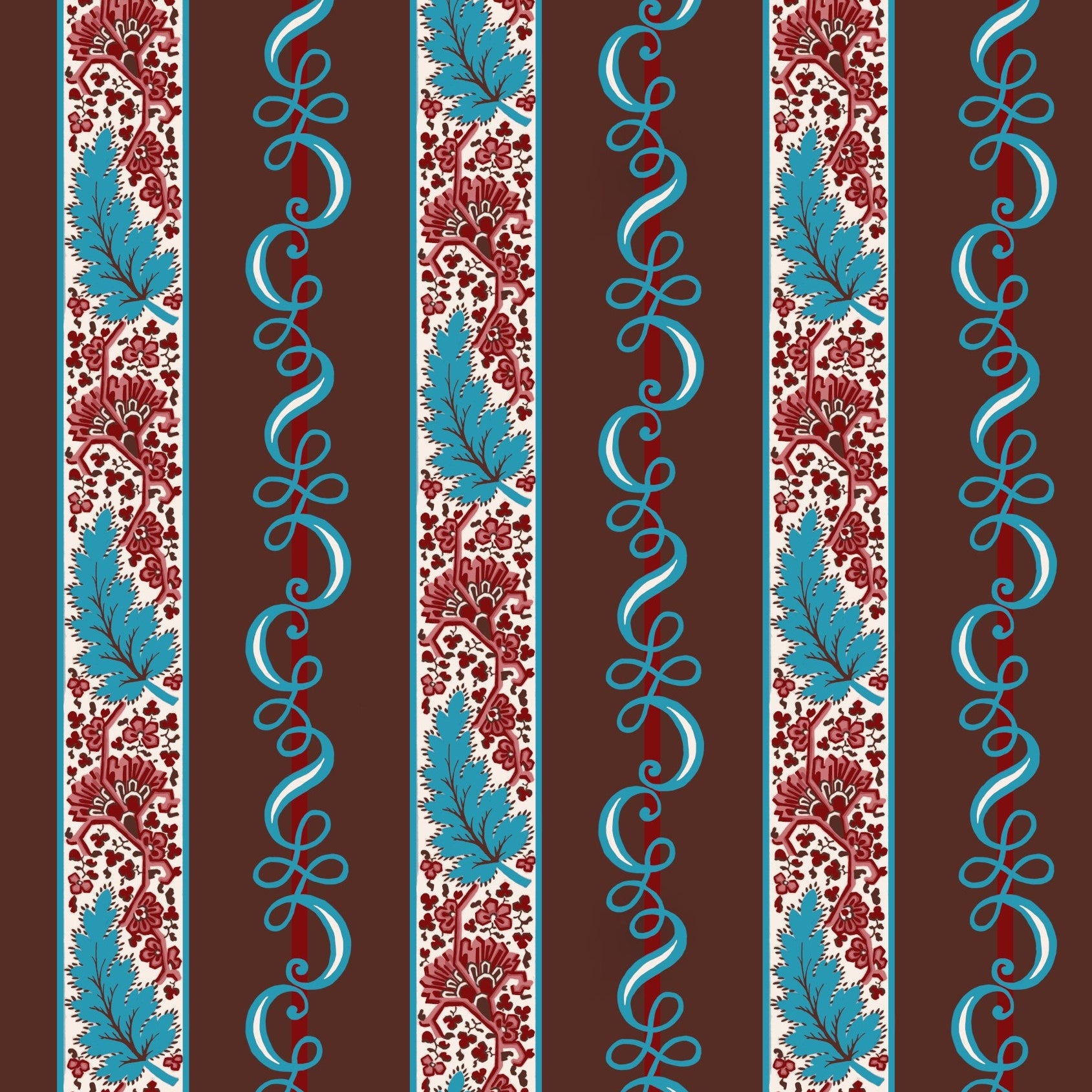A repeating vertical stripe pattern featuring red and white floral motifs, blue leaf shapes, and turquoise scroll borders on a dark brown background.