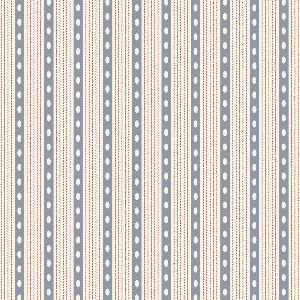 Pattern of vertical blue stripes with white polka dots on a beige background