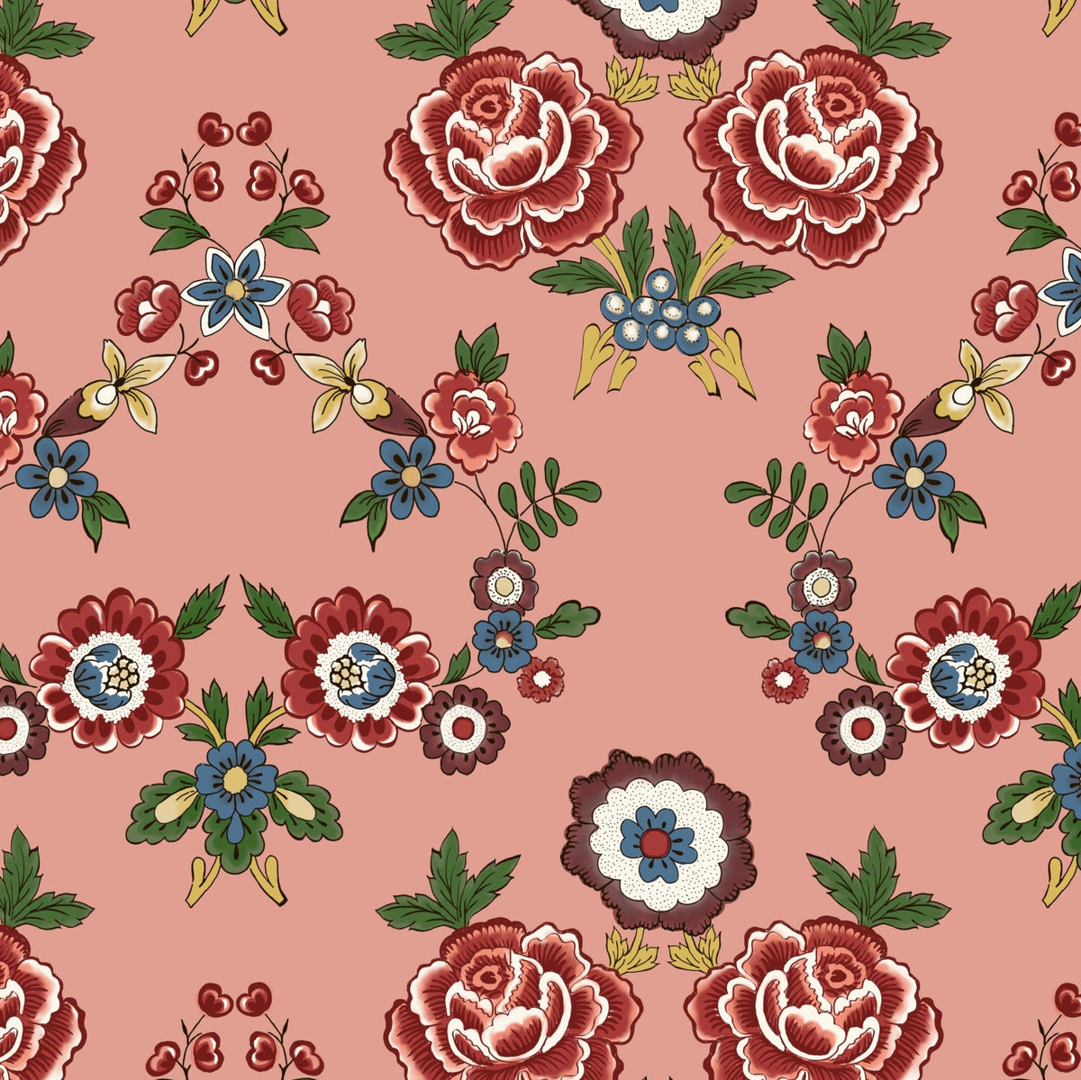 A repeating floral pattern on a dusty pink background, featuring large red and white roses, blue and white flowers, green leaves, and small red berry clusters.