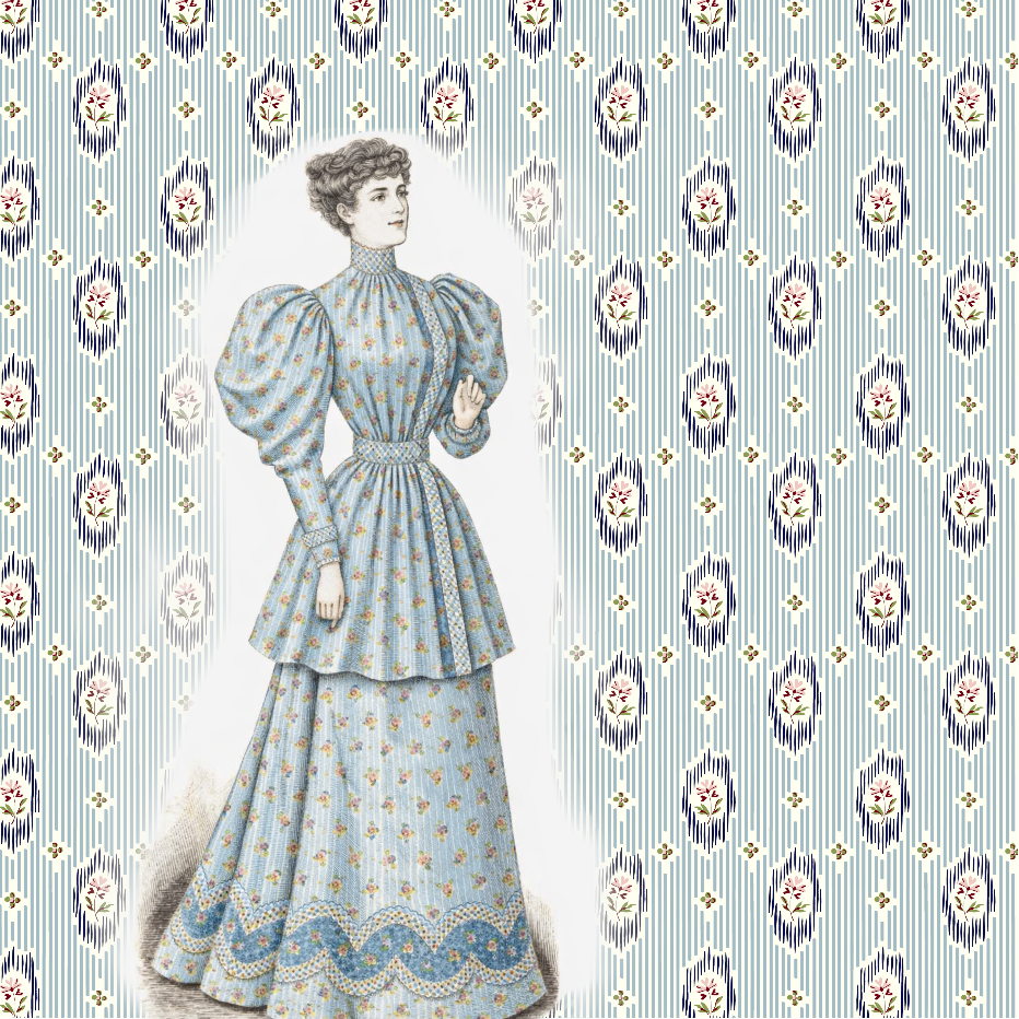 Vintage-style illustration of a woman in a blue patterned dress on a decorative background.