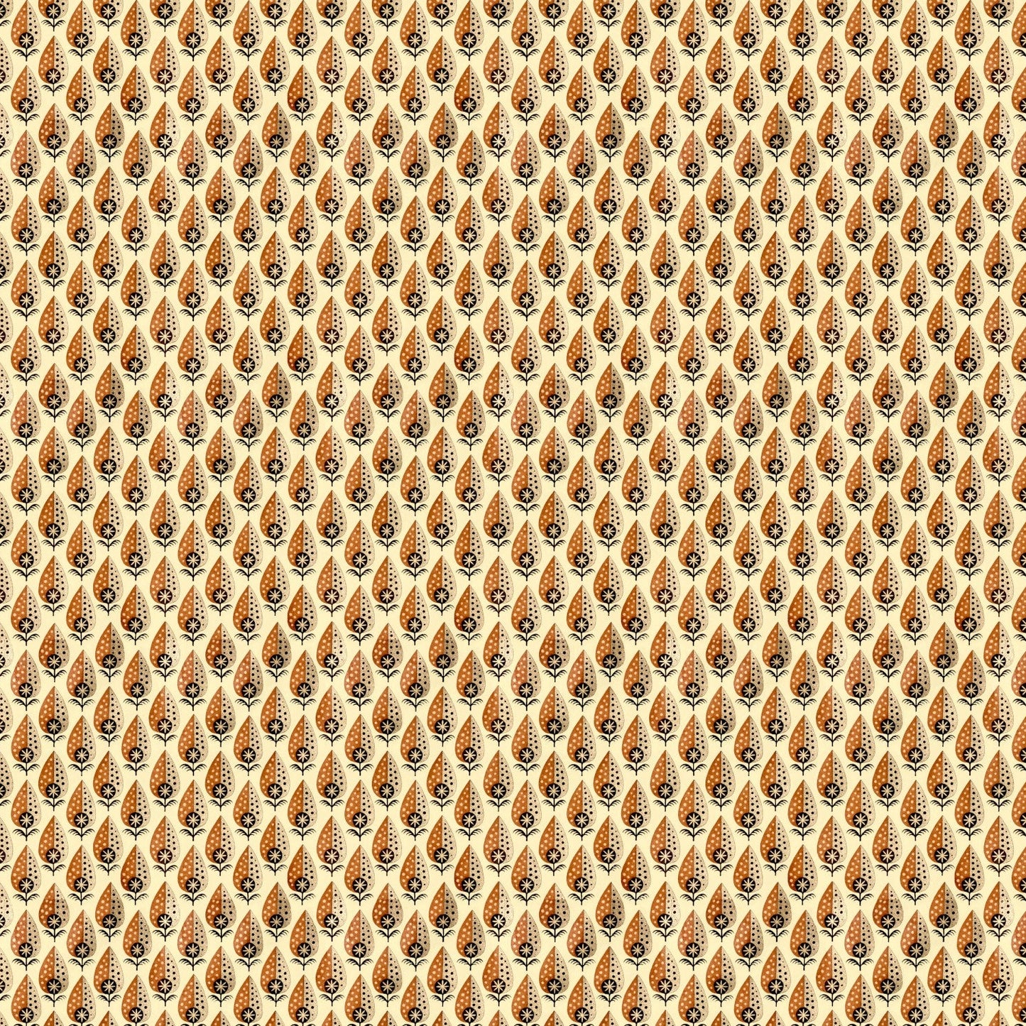Pattern of small orange and black shapes on a beige background