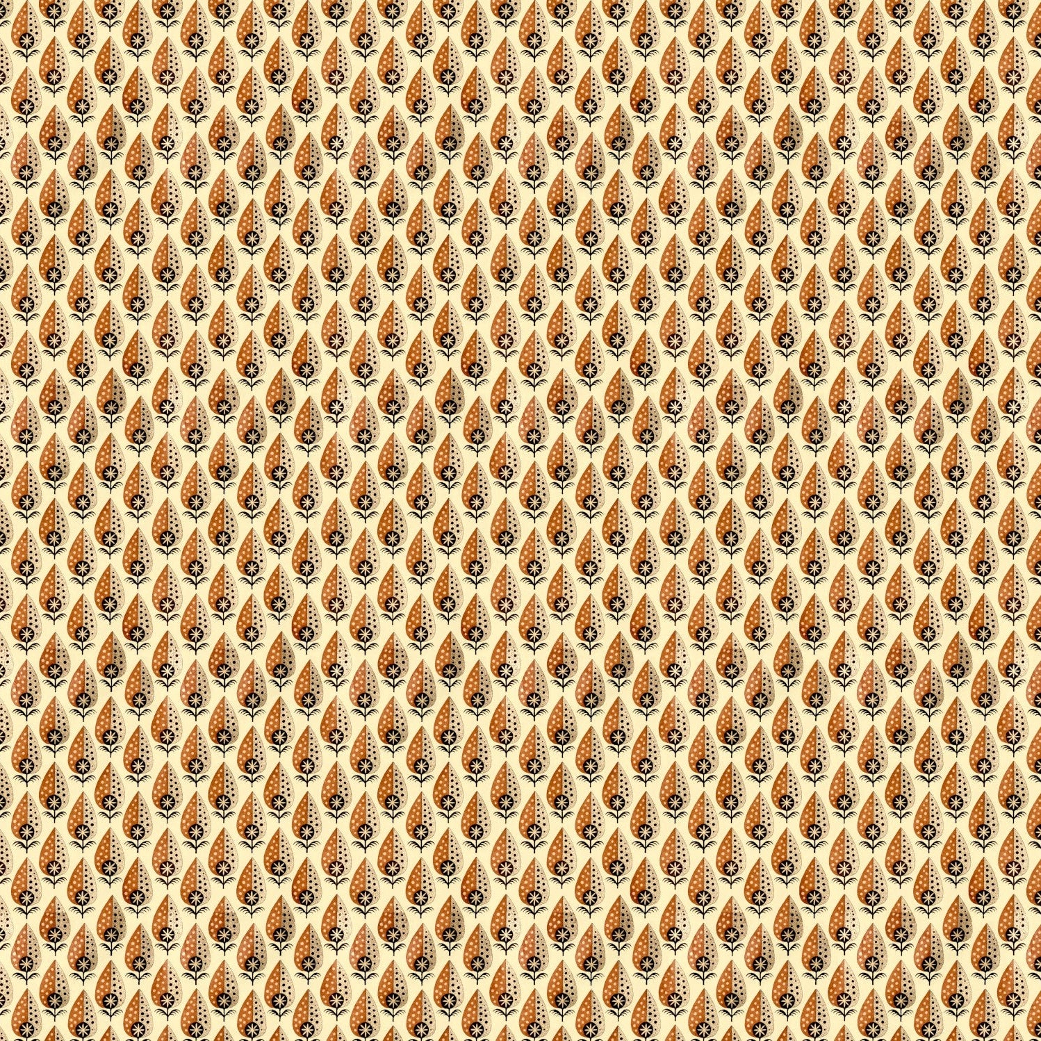 Pattern of small orange and black shapes on a beige background