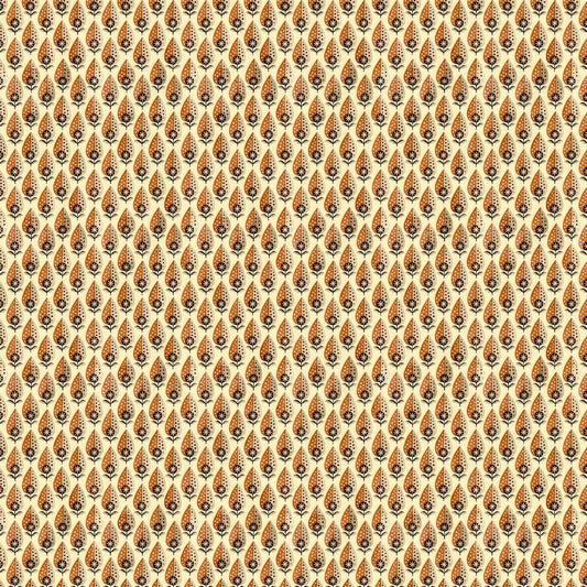 Pattern of small orange and black shapes on a beige background
