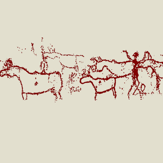 A minimalist art print featuring a red cave painting style illustration of a herd of cattle and a figure on a light beige background.