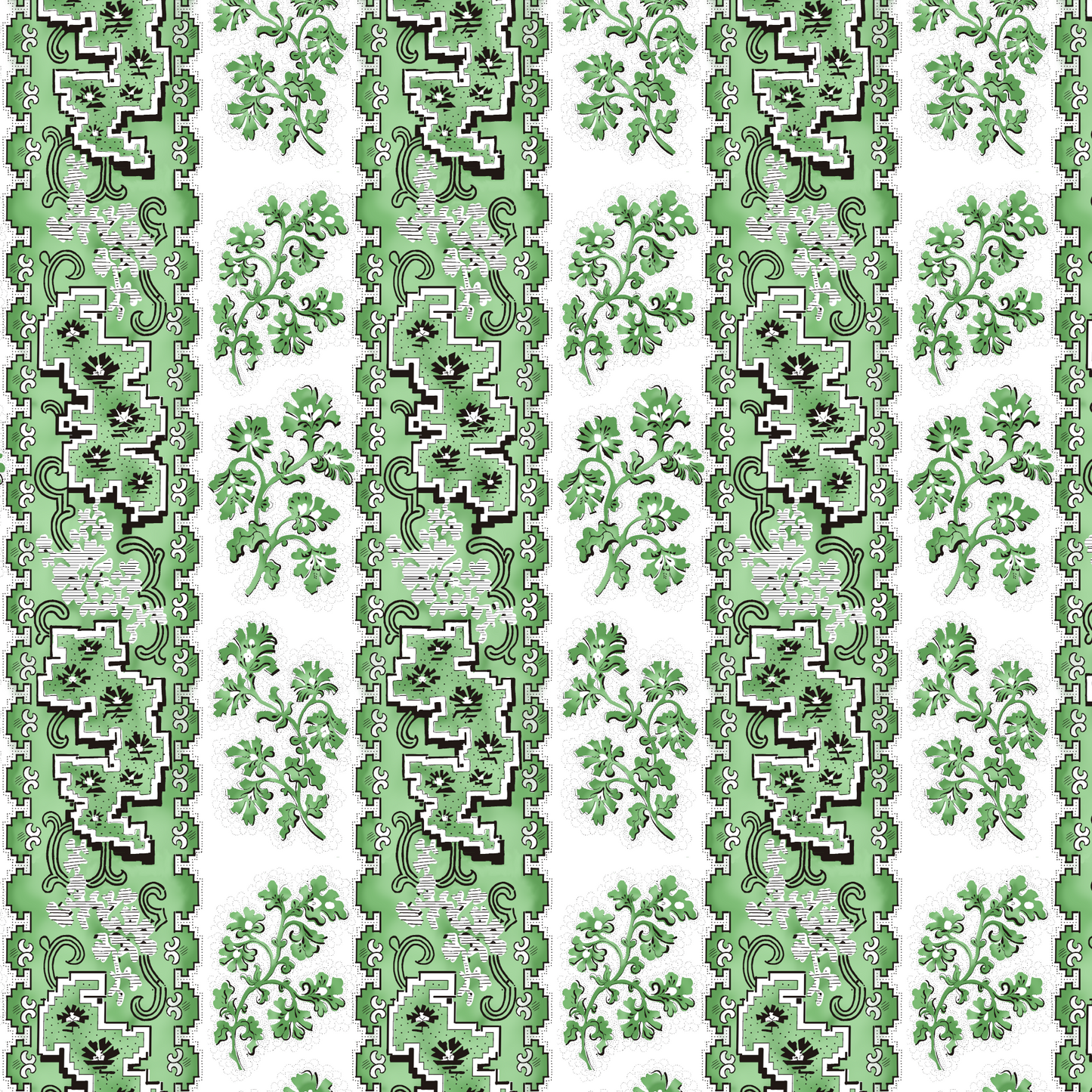 A fabric with a green and white color scheme featuring wide stripes and a floral pattern.