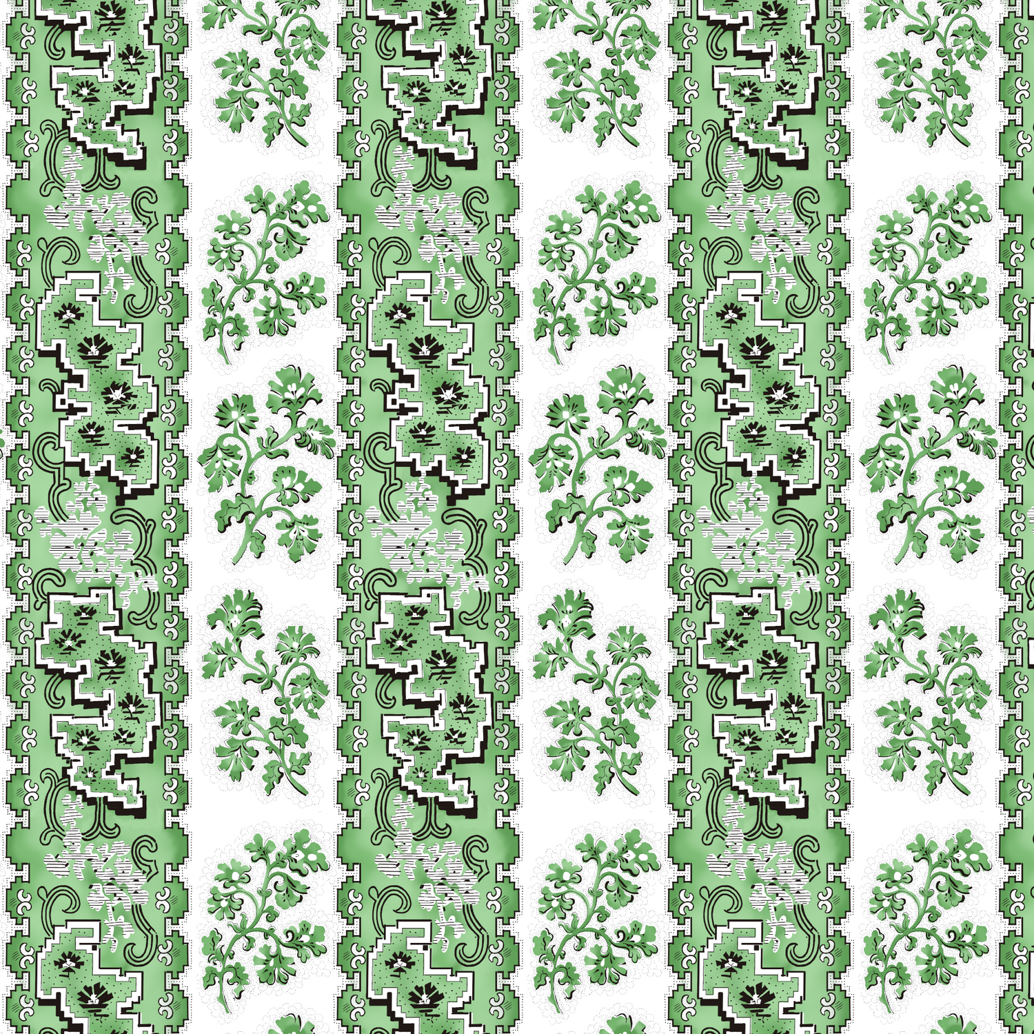 A fabric with a green and white color scheme featuring wide stripes and a floral pattern.