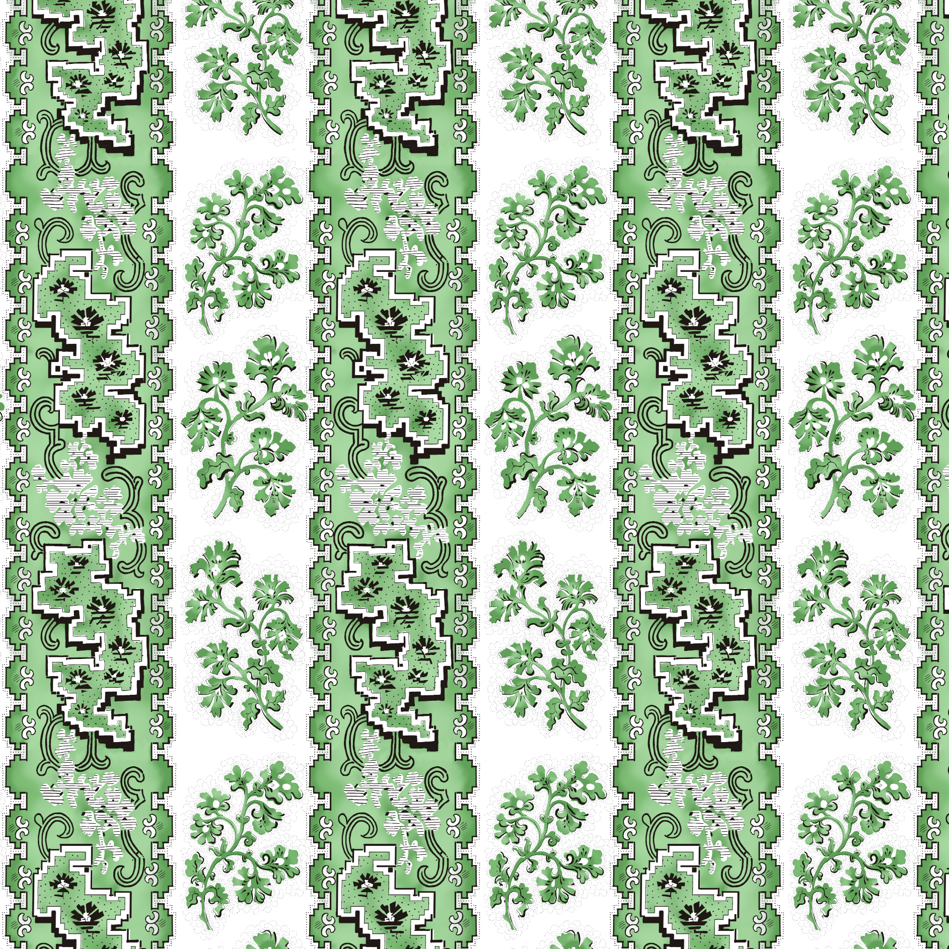 A fabric with a green and white color scheme featuring wide stripes and a floral pattern.