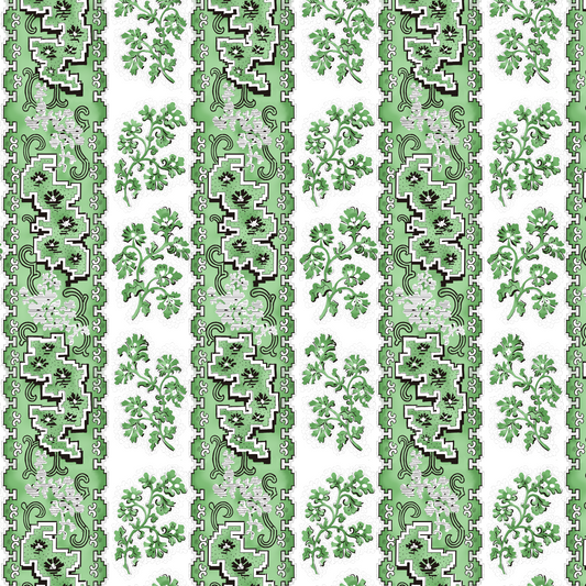 A fabric with a green and white color scheme featuring wide stripes and a floral pattern.