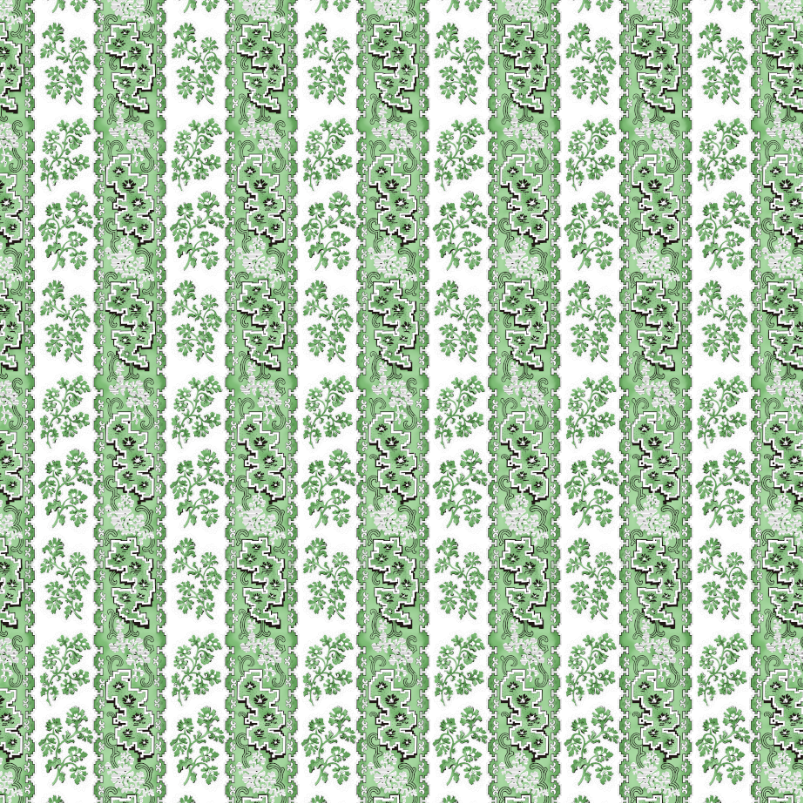 Pattern of green stripes with small white flowers on a white background