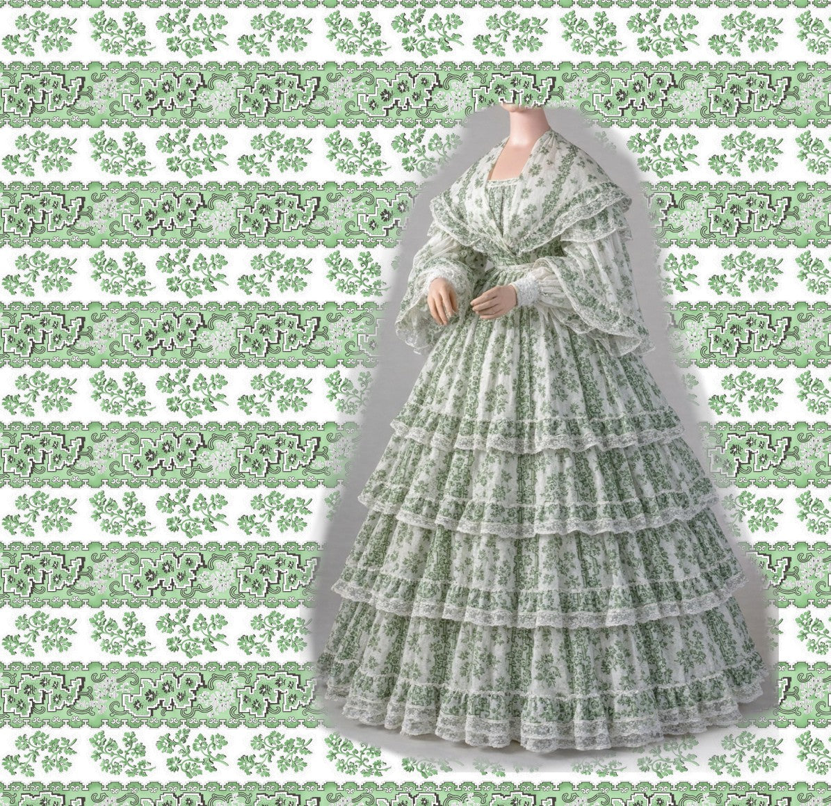 Green and white floral dress on a decorative green and white background