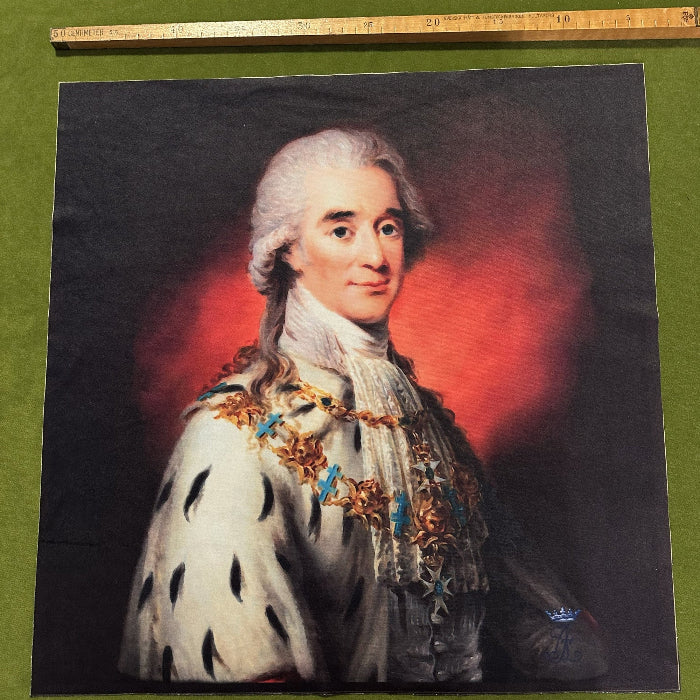 Portrait of a person in historical attire with a red background, placed on a green surface.