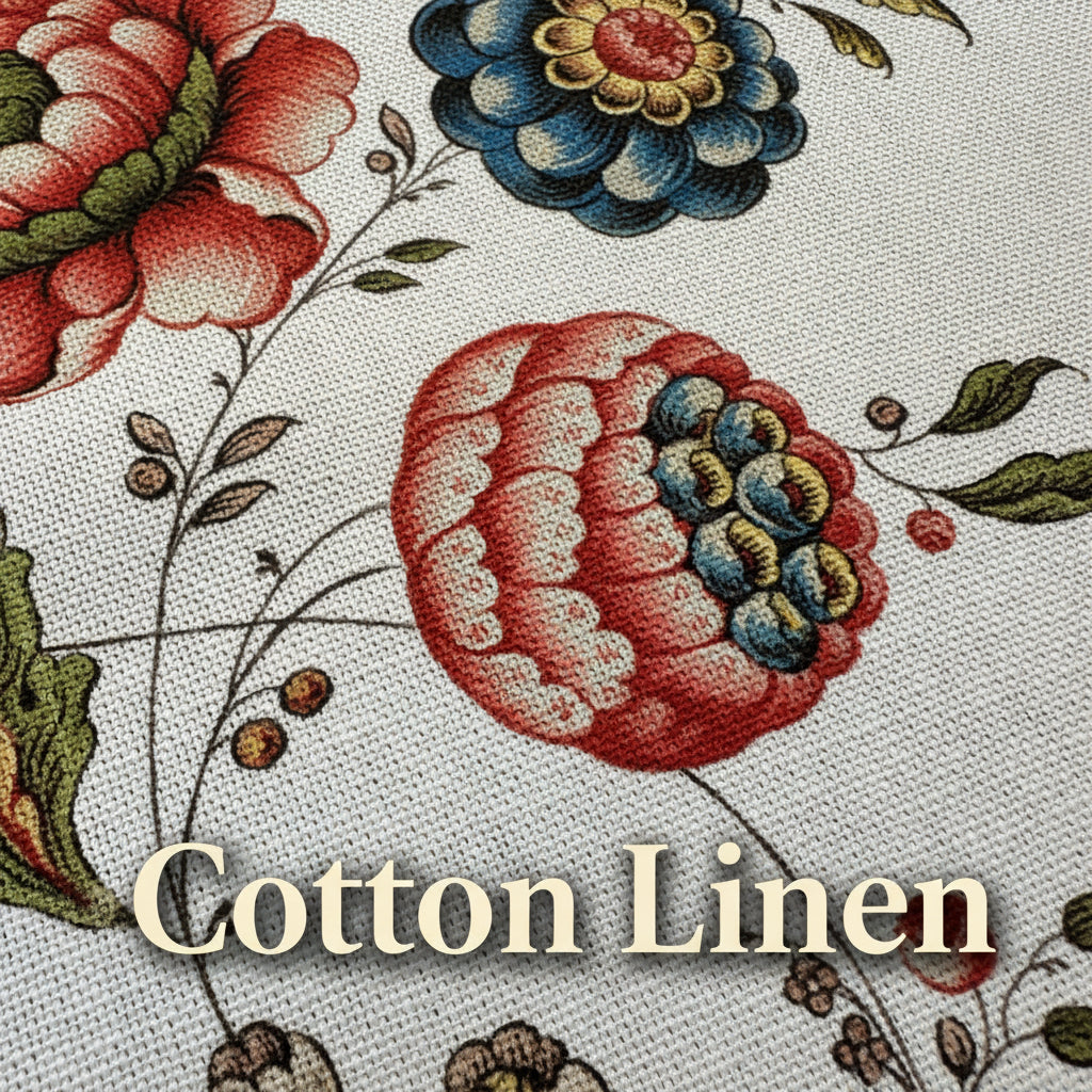Close-up of floral fabric pattern with red, blue, and green flowers on a light background