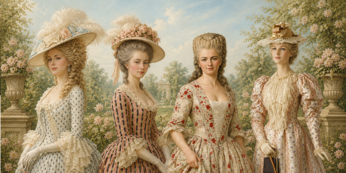 Four women in historical dresses and hats standing in a garden setting.
