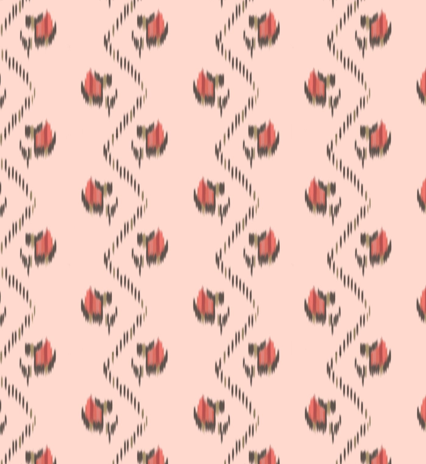A fabric with a pink background and red floral patterns.