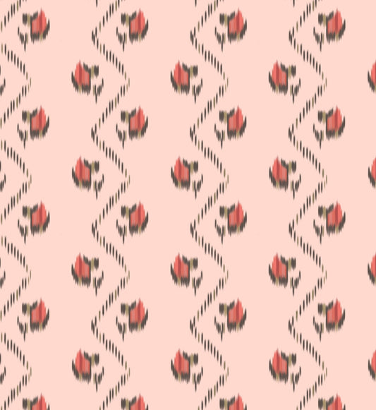 A fabric with a pink background and red floral patterns.